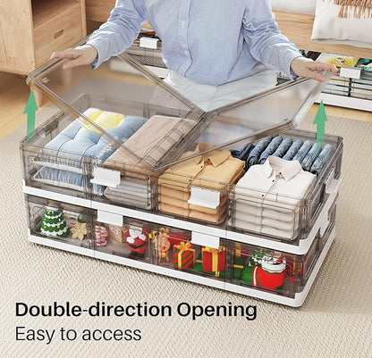 Kitstorack Plastic Under Bed Storage Containers,2 Pack Underbed Storage with Wheels,Foldable and Stackable Under Bed Organizer,Moisture and Dust-proof Storage Boxes for Clothes Shoes,13.6 Gal