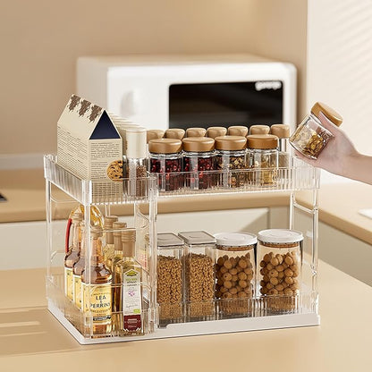 Mustorn Pull Out Spice Rack Organizer for Cabinet, Rotatable 2 Tier Slide Out Seasoning Organizer and Storage Adhesive Vertical Spice Rack Shelf Pullout for Kitchen Cabinets(2 Drawer, Acrylic)