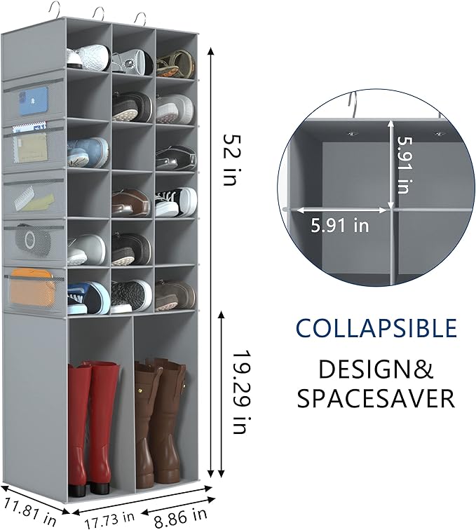 Hanging Shoe Rack for Closet,18+2 Sections Hanging Shoe Closet Organizers and Storage with 10 Side Mesh Pockets,Space-Saving Shoe Storage & Holder,Grey