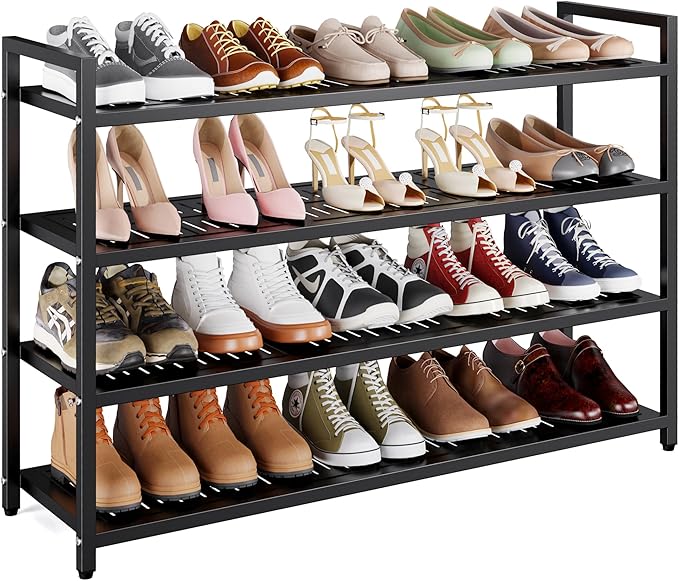 4-Tier Heavy Duty Metal Shoe Rack, 200 lbs Load Capacity Shoe Organizer with Reinforced Steel Tubes, No-Wobble Free Standing Shoe Shelf for Entryway, Closet, Bedroom, Dorm – Easy Assembly, Black
