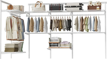 Closet System Wall Mounted 4-10.5 Ft, Heavy Duty Adjustable Wire Shelving with Hanging Rod, Custom Organizer Kit for Bedroom Laundry Mudroom, White