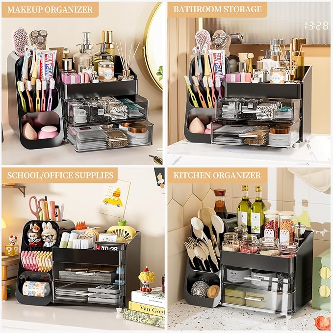 Makeup Organizer with Drawers for Vanity Bathroom Counter Organizers and Storage, Large Skincare Organizer with Brush Toothbrush Holder for Perfume, Nail Polish, Dresser, Office Supplies, Black