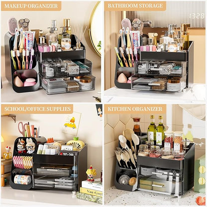 Makeup Organizer with Drawers for Vanity Bathroom Counter Organizers and Storage, Large Skincare Organizer with Brush Toothbrush Holder for Perfume, Nail Polish, Dresser, Office Supplies, Black