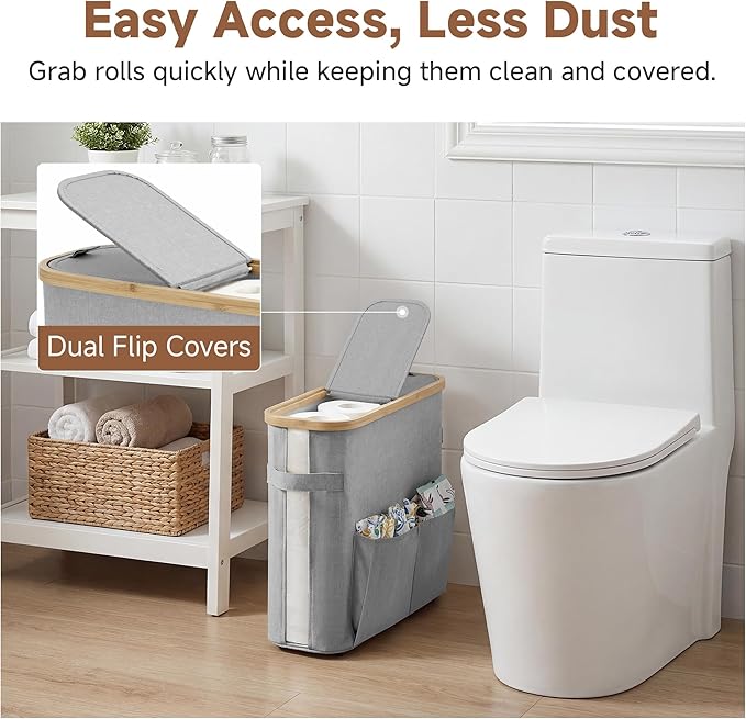 StorageWorks Toilet Paper Storage Baskets with Dual Flip Lids, Toilet Paper Organizer for Bathroom, Toilet Paper Container with Side Pocket, Holds 9 Mega or 12 Regular Rolls, Medium, Grey