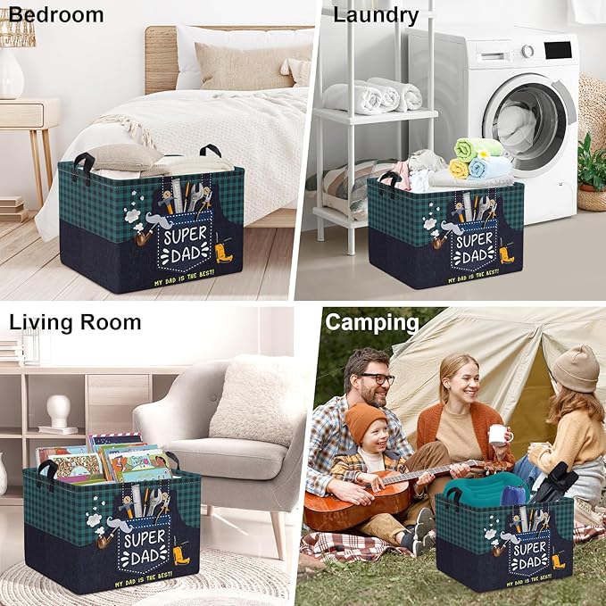 Clastyle Father‘s Day Gift Basket Empty for Dad Rectangle Plaid Tool Pipe Beard Storage Basket Clothes Book Storage Bin Organizer, Blue Apron, 40*30*30 cm
