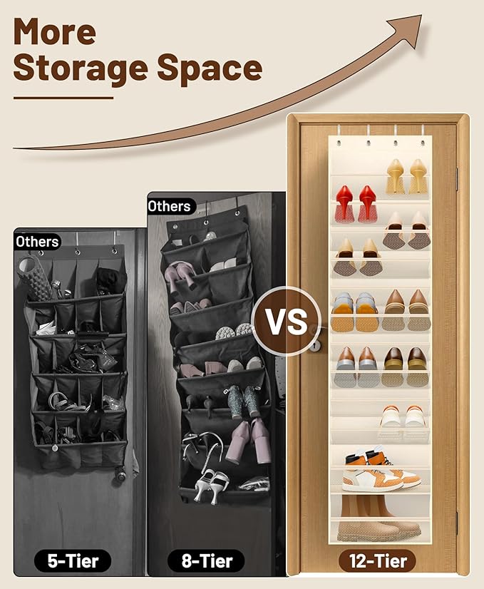 MISSLO 12 Tier Over the Door Shoe Organizer Breathable Mesh Hanging Shoe Rack for Closet Storage Shoe Holder for Door Fit 24 Pairs Sandals, Heels, Boots (Beige)