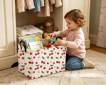 Sanjiaofeng Rectangular Kids Baskets,Pink Cherry Storage Bin,Kids Storage Bins,Collapsible Storage Bin Cute Organizer Box Books Box,Gift Basket,Girl Room Decor(Cherry)