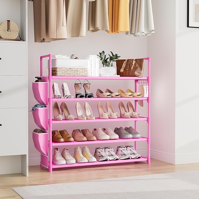 VILICK Shoe Rack for Closet Shoe Organizer Space Saver Storage for 20-25 Pair Shoe Shelf with Hook and Side Pocket Free Standing 5 Tier Shoe Rack Organizer for Entryway,Small Spaces, Pink