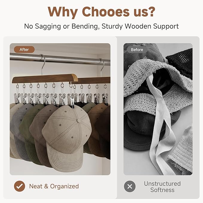 StorageWorks 4 Pack Hat Rack, Closet Organizer and Storage for Baseball Caps,Hat Hanger with 10 Adjustable Stainless Steel Clips, Fits All Caps, Natural Walnut Color