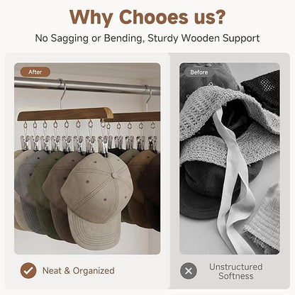 StorageWorks 4 Pack Hat Rack, Closet Organizer and Storage for Baseball Caps,Hat Hanger with 10 Adjustable Stainless Steel Clips, Fits All Caps, Natural Walnut Color