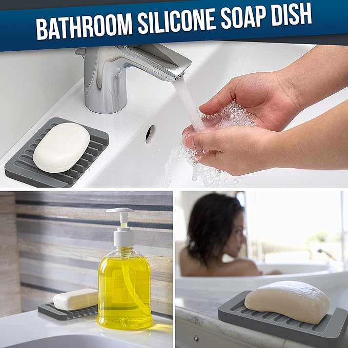 ZAPPOWARE 2-Pack Silicone Soap Dish with Drain - Bar Soap Holder for Shower & Bathroom Sink - Self Draining Waterfall Soap Saver Tray for Kitchen, Prevents Sticky Mess, Easy to Clean (Gray)