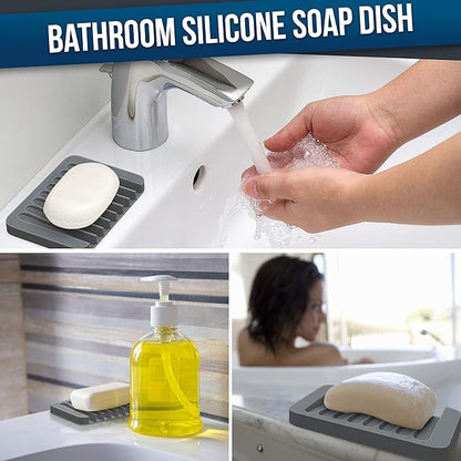 ZAPPOWARE 2-Pack Silicone Soap Dish with Drain - Bar Soap Holder for Shower & Bathroom Sink - Self Draining Waterfall Soap Saver Tray for Kitchen, Prevents Sticky Mess, Easy to Clean (Gray)