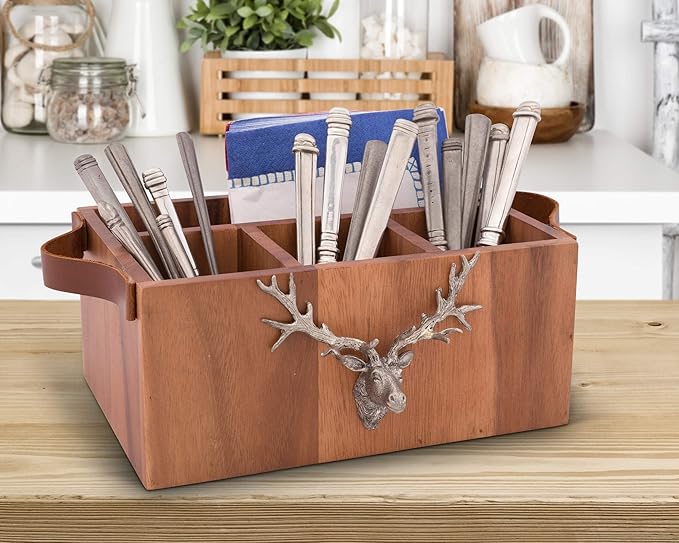 Vagabond House Caddy Rectangle Acacia Wood Flatware/Serve ware/Utensil/Carry-All Holder with Solid Pewter Rustic Elk Accent Real Leather Handles, 3 Small and 1 Larger Compartment 13 inch Long