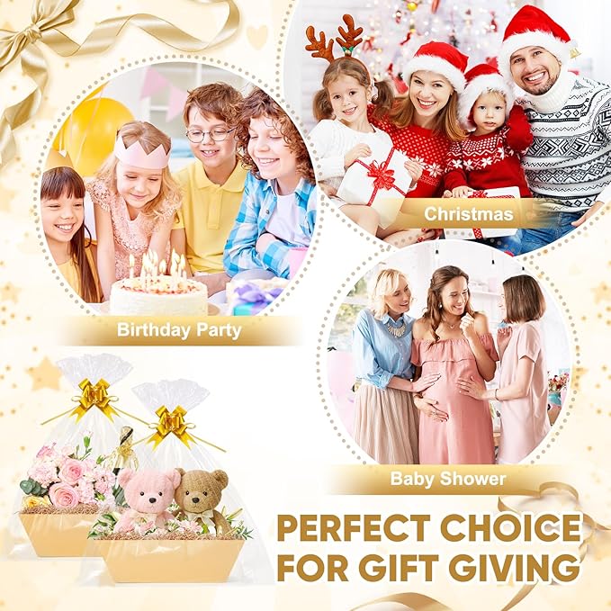 5 Pack Baskets For Gifts Empty, 10x12” Kraft Gift Basket Kit with Clear Bags Gold Bows 200g Crinkle Cut Paper Empty Gift Baskets to Fill Large Gift Baskets for Christmas, Birthdays, Holidays, Weddings