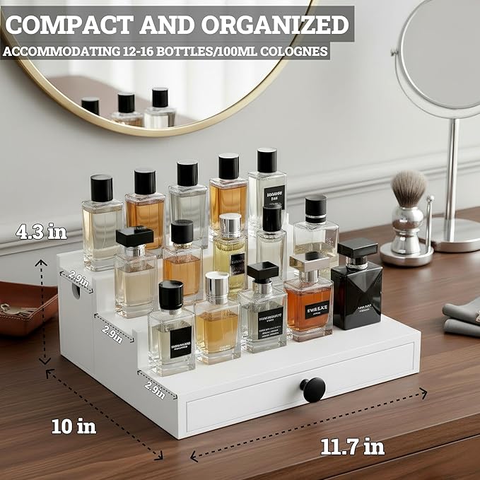 Wooden Cologne Organizer for Men 3 Tier | White Perfume Holder Shelf for Dresser | High Grade Velvet Lining and Stylish Gift Box | Uncluttered Design Perfume Display Stand