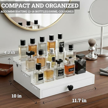 Wooden Cologne Organizer for Men 3 Tier | White Perfume Holder Shelf for Dresser | High Grade Velvet Lining and Stylish Gift Box | Uncluttered Design Perfume Display Stand