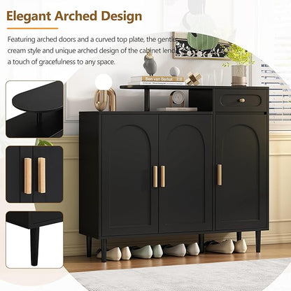 JIVOIT Shoe Cabinet with Adjustable Shelves and Drawer, Cream Style Storage Sideboard with Arched Doors, Solid Wood Legs, Wood Shoe Rack for Entryway, Living Room (Black,164)