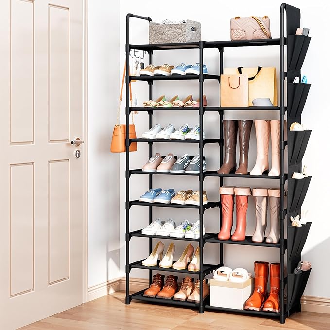 SUOERNUO Shoe Rack Organizer with Hook and Side Pocket, Metal Shoe Rack Storage Holds 25-35 Pairs, Large Black Stackable Freestanding Shoe Racks, 9-Tier Tall Shoe Rack for Closet, Entryway