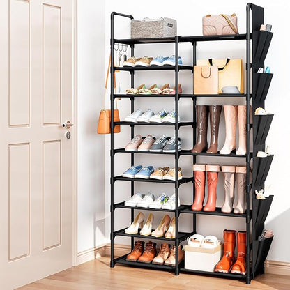 SUOERNUO Shoe Rack Organizer with Hook and Side Pocket, Metal Shoe Rack Storage Holds 25-35 Pairs, Large Black Stackable Freestanding Shoe Racks, 9-Tier Tall Shoe Rack for Closet, Entryway
