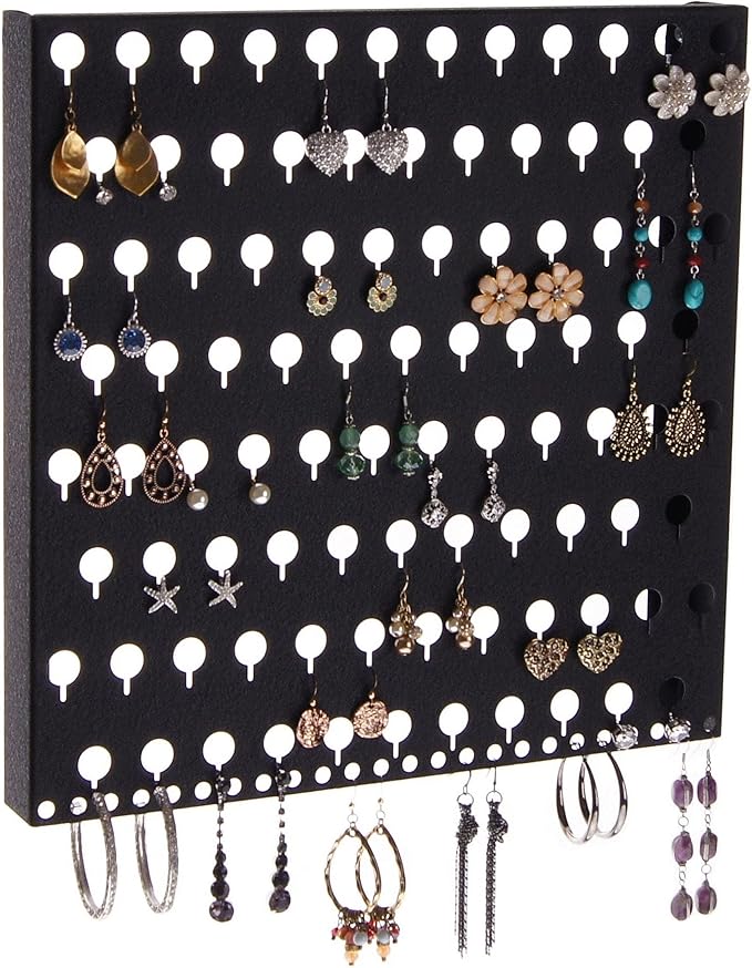 Angelynn's Wall Mounted Earring Holder Organizer Display for Small and Medium Women Post Stud Dangle Pierced Earrings, Hanging Closet Jewelry Storage Rack, Sariea Black 12"x12"