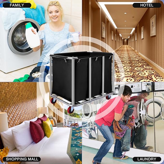 Commercial Laundry cart with Wheels,400L Large Laundry Basket with Wheels,Laundry Hamper on Wheels Heavy Duty with Steel Frame and Waterproof Oxford Cloth, 440Lbs Load (C-Black)
