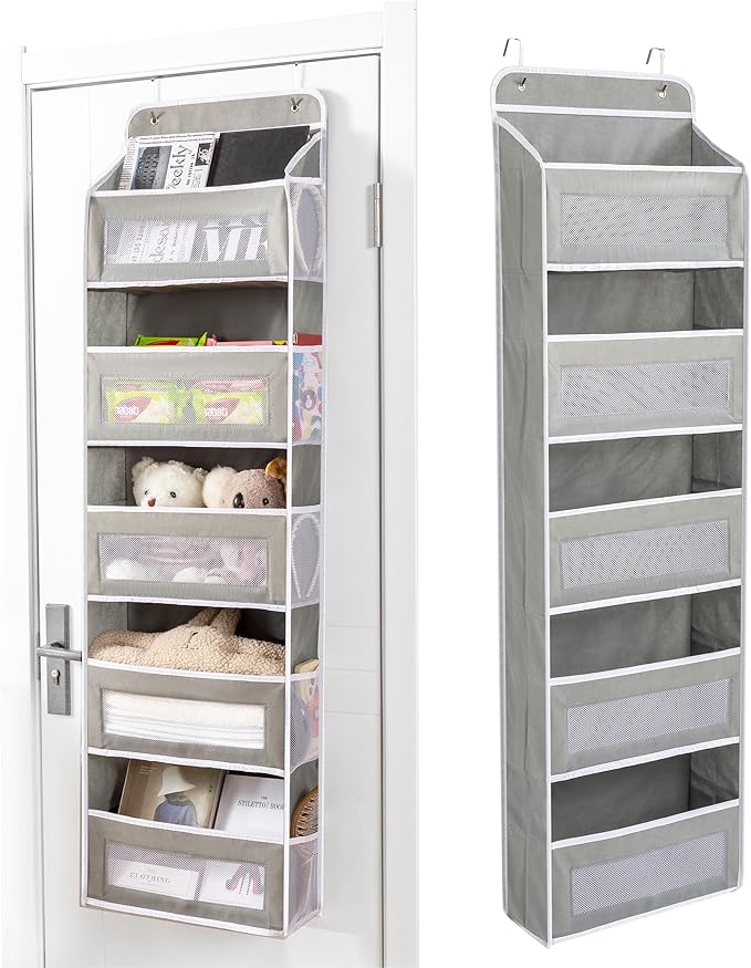 Over The Door Storage Organizer - 5 Shelf Hanging Organizer with 10 Side Pockets, 48 lbs Load Capacity (Anti-Tilt, Clear Windows & Hooks) for Bathroom, Bedroom, Kitchen,Nursery (Grey, 1 Pack)