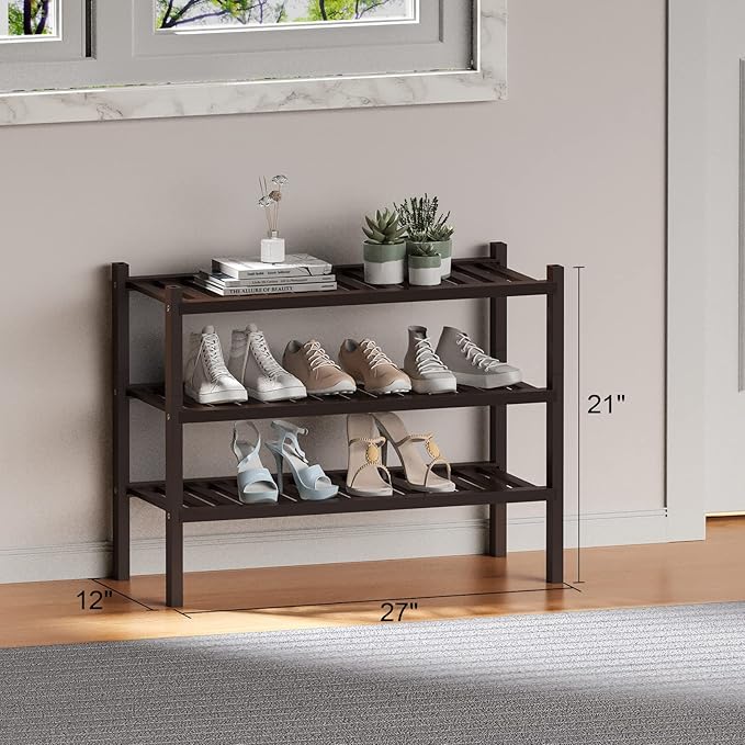 ROMGUAR CRAFT 3 Tier (Thick) Bamboo Shoe Rack for Closet Free Standing Wood Shoe Shelf for Entryway Small Space Stackable 27"x12"x21" (Black Brown)