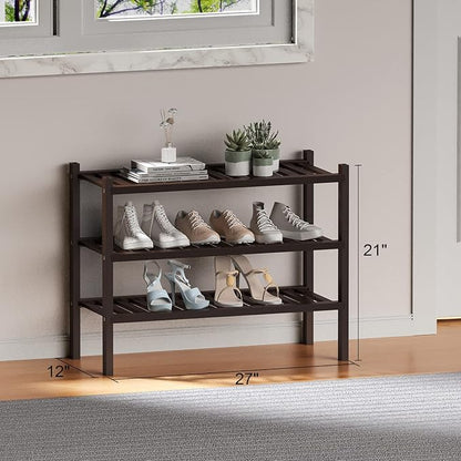 ROMGUAR CRAFT 3 Tier (Thick) Bamboo Shoe Rack for Closet Free Standing Wood Shoe Shelf for Entryway Small Space Stackable 27"x12"x21" (Black Brown)