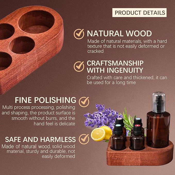 Wooden Essential Oil Holder with 5 Holes (4cmx4 & 6cmx1), Retro Desktop Display Rack for Bathroom Vanity Desk Organizer