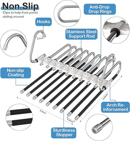 Upgrade 9 Layers Pants Hangers Space Saving, Non Slip Stainless Steel Multifunctional Pants Rack S-Type Clothes Pant Closet Hanger Organizer for Pants Jeans Trousers Scarf Skirts(4 Pack, Antiquewhite)