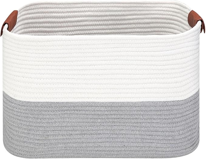 Large Cotton Rope Storage Basket with Leather Handles, Laundry Hamper Basket, 20 "L x 14" W x 12 "H, Durable & Stylish Organizer for Home.(Large Gray)