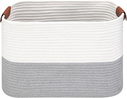 Large Cotton Rope Storage Basket with Leather Handles, Laundry Hamper Basket, 20 "L x 14" W x 12 "H, Durable & Stylish Organizer for Home.(Large Gray)