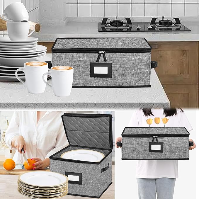 5 PACK China Storage Containers-Quilted Mug Storage and Moving Boxes for Dishes,Dish Packing Supplies for Moving,Dinnerware &Accessories,Holds a total of 48 plates (4 sizes) and 12 cups(Grey)