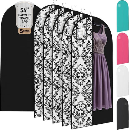 Luxury On the Go Long Formal Dress Bag – 54" Hanging Garment Bag for Dresses, Prom & Bridesmaid– Long Garment Bags for Hanging Clothes Lightweight & Tear-Resistant with Clear ID Window – 5 Pack