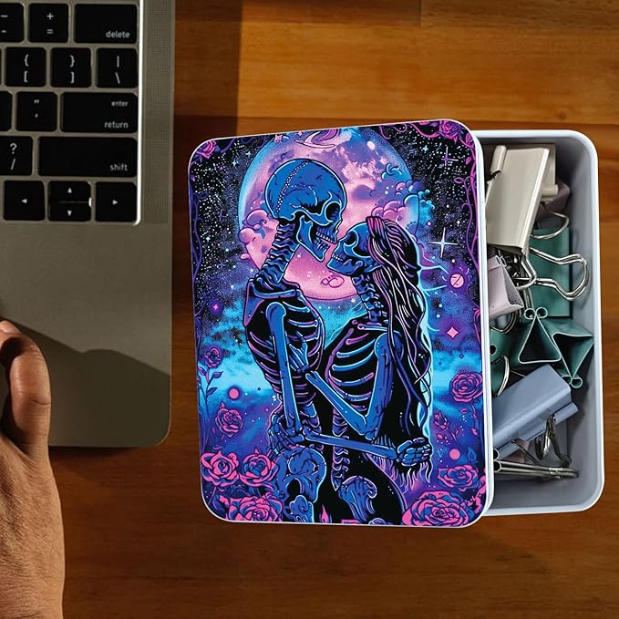 Metal Tin Box Sturdy Metal Storage Box with Lid, Large Container Holder for TCG Cards,Car Keys,Cookies,Tin Containers for Gift,5.0x3.7x1.6 Inch,Exquisite Pattern Design(Skeleton Couple)