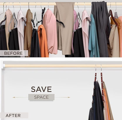 MORALVE Pants Hangers Space Saving - 4 Pack European Beechwood Scarf and Jean Hangers - Closet Organizer and Space Saver Pant Rack, Leggings Hanger, and Scarf Holder with 360° Swivel Hook