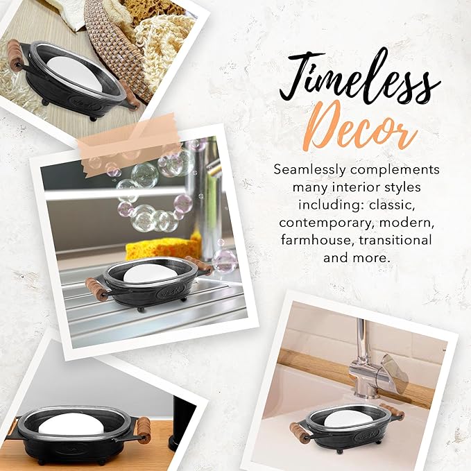 Autumn Alley Black Farmhouse Soap Dish for Bathroom – Fun Kitchen Soap Tray – Farmhouse Bathroom Accessories – Rustic Soap Dish – Wooden Handles Add Vintage Appeal – Cute Bathtub Decor