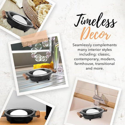 Autumn Alley Black Farmhouse Soap Dish for Bathroom – Fun Kitchen Soap Tray – Farmhouse Bathroom Accessories – Rustic Soap Dish – Wooden Handles Add Vintage Appeal – Cute Bathtub Decor