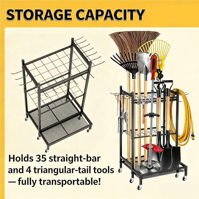 Garden Tool Organizer Rack with Wheels Up to 30-35 Tools, Heavy-Duty Steel Yard Tool Organizer for Garage Storage with 11 Hooks, Broom Holder & Garden Tool Rack for Shed, Patio, Lawn, Outdoor, Black