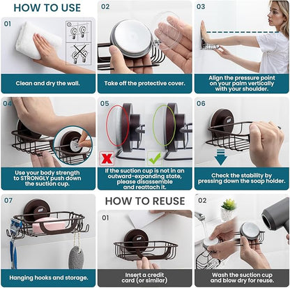 TAILI Soap Bar Holder Dish with Hooks, Shower Soap Tray Saver Suction Cup with Razor Holder for Wall, Rustproof Stainless Steel Bath Shampoo Caddy for Bathroom Accessories Organizer,Brown