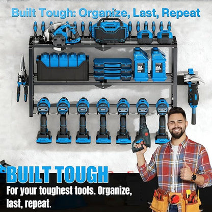 Heavy Duty Power Tool Organizer Wall Mount - 3 Tier Metal Tool Rack with 7 Drill Holders, 300LB Capacity for Garage, Workshop, Pegboard Storage