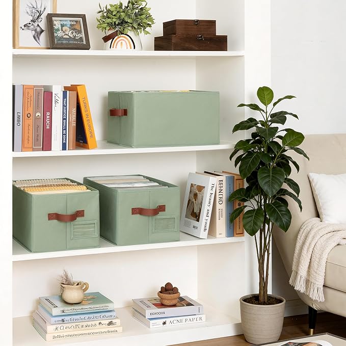 GRANNY SAYS Fabric Storage Bins, Closet Storage Bins for Shelves, Storage Basket with Handles, Collapsible Storage Boxes, Decorative Storage Box, Sage Green, Medium, 3-Pack
