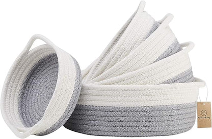 NaturalCozy 5-Piece Round Small Woven Baskets Set– Cotton Rope Baskets for Organizing! Montessori Toys, Fruits Remotes Key Tray Bowl for Entryway Desk, Shallow Catchall Home Décor, Cat Dog Bin Gift