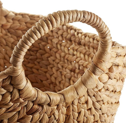 Casafield Set of 3 Multipurpose Boat Baskets with Handles - Natural, Woven Water Hyacinth Storage Organizers for Throw Blankets, Bedroom, Laundry