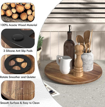Lazy Susan for Table Top Bamboo Lazy Susan Turntable for Cabinet Kitchen Countertop Organizer for Condiment Bathroom Counter Organizer Decor Sink Tray Acacia Wood 13.2 Inch
