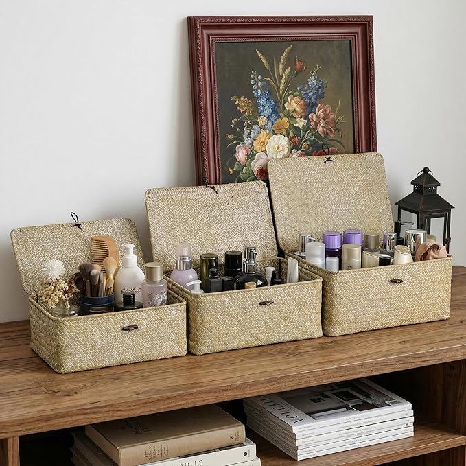 Nonam Storage Basket with Lid, Natural Seagrass Bin with Lid Set of 3, Shelf Baskets Multipurpose Container for Boho Decoration, Rectangular Household Storage Boxes for Home Organization-White