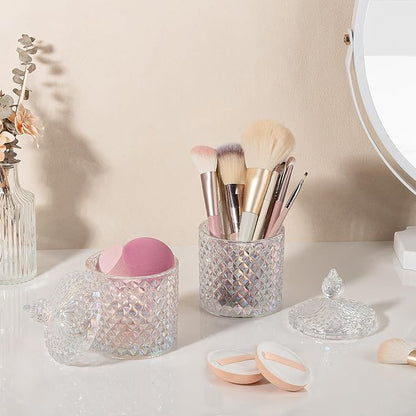 2 Pack Qtip Holder Thick Glass Apothecary Jars with Lid for Bathroom Decor Storage Organizer for Cotton Swabs, Balls, Pads, Floss Picks, Candy, Jewelry, Iridescent Clear