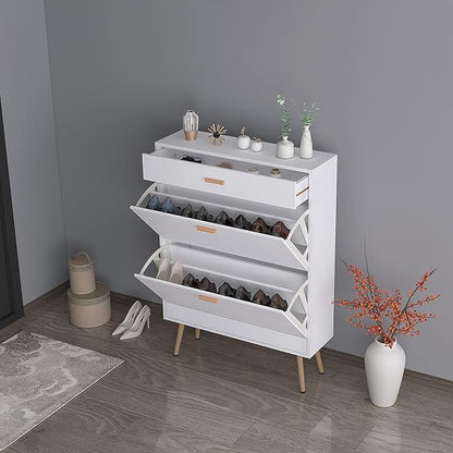 Narrow Shoe Storage Cabinet - Entryway Shoe Rack Cupboard Organizer for Home and Apartment, White