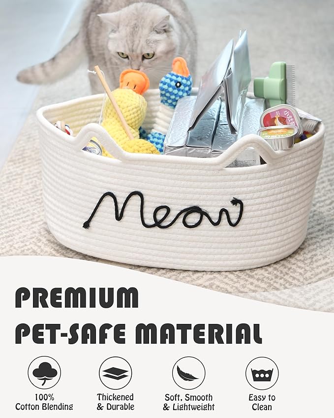 Sea Team Cat Toy Basket with Handles, 16.5 x 11 x 7 Inches, 4.4 Gallons Large Cotton Rope Storage Bin, Box, Shelf Organizer for Pet Chew Toys, Foods, White Meow