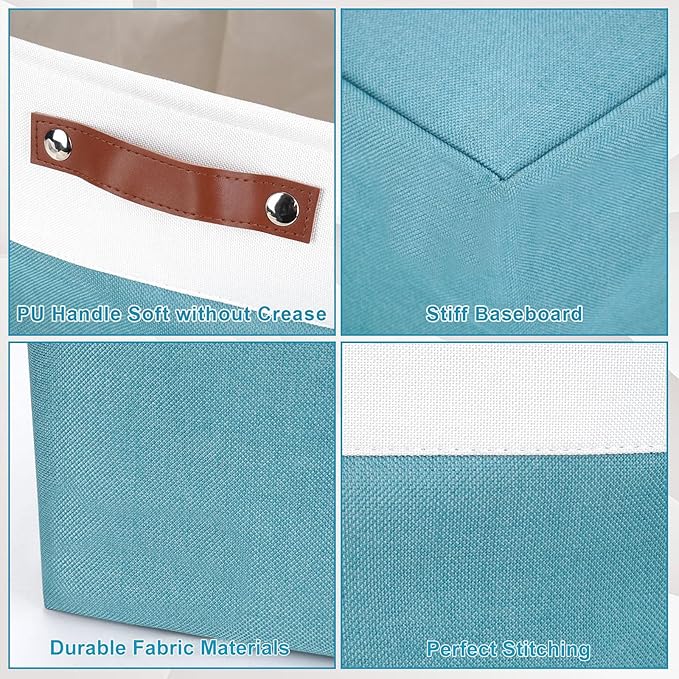 Bagnizer 13x13 Cube Storage Bins, Collapsible Fabric Storage Box, 4 Pack Closet Baskets with Handles for Organizing, Shelf, Toys, Clothes, Home, Office, Nursery (Teal&White)